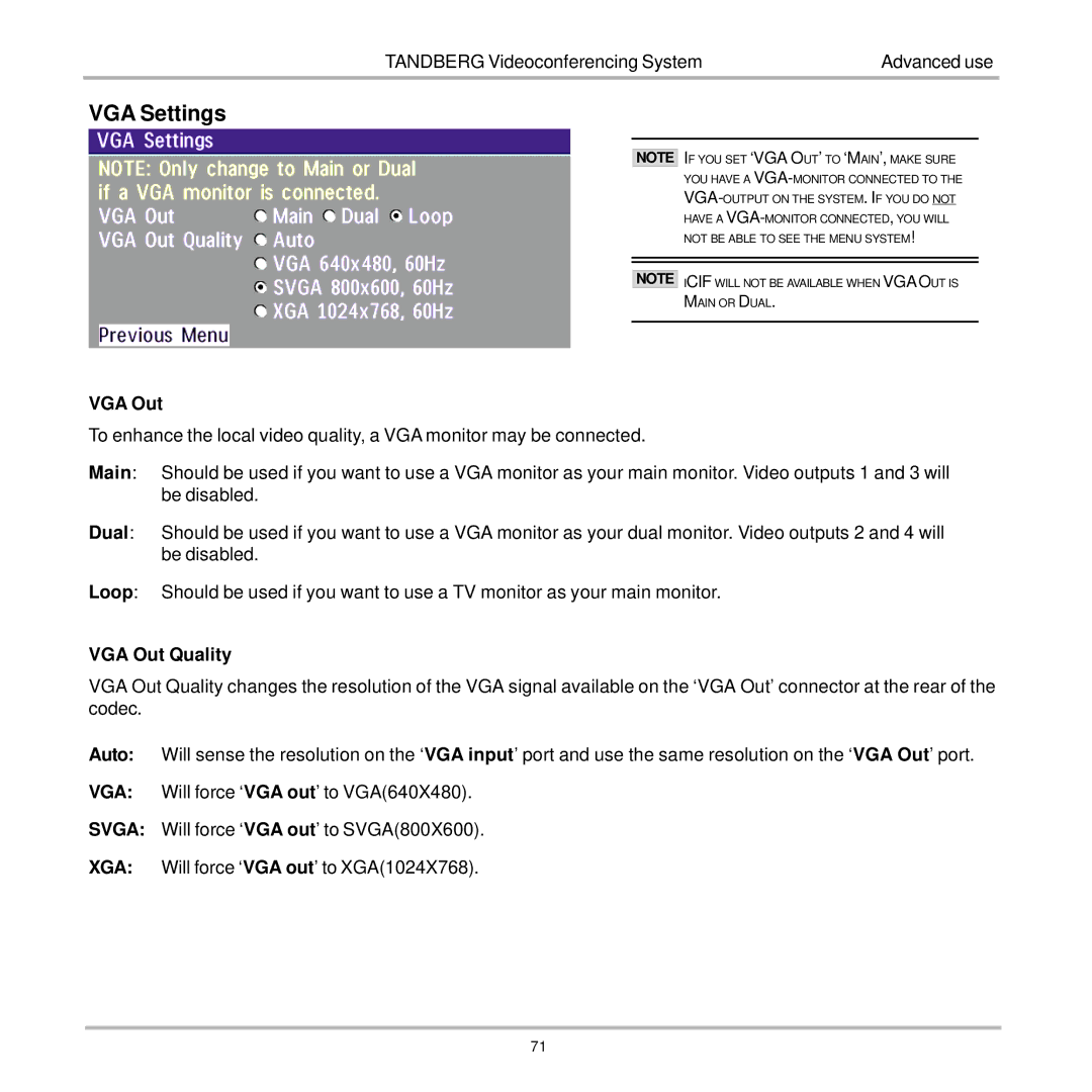 TANDBERG 7000 user manual VGA Settings, VGA Out Quality 