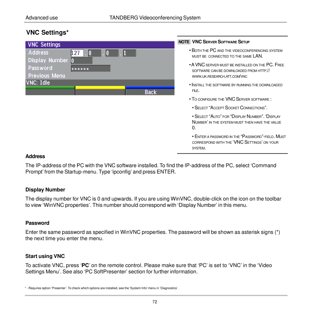 TANDBERG 7000 user manual VNC Settings, Address, Display Number, Password, Start using VNC 