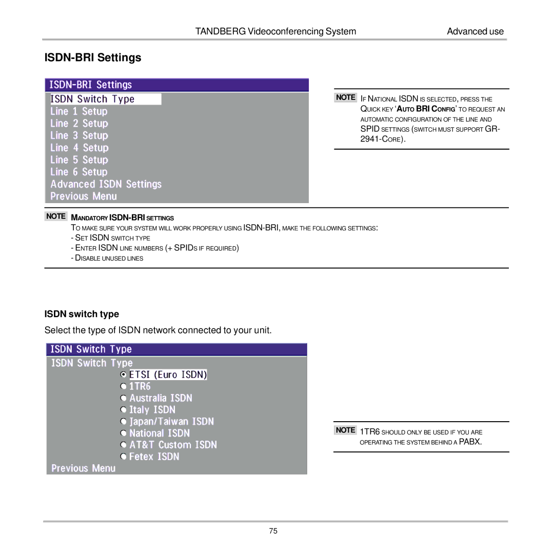 TANDBERG 7000 user manual ISDN-BRI Settings, Isdn switch type 