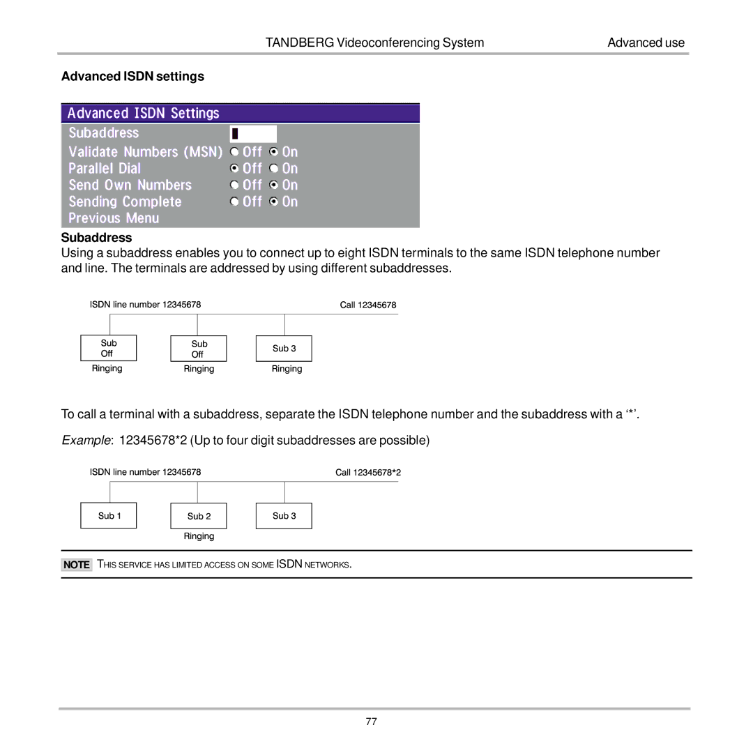 TANDBERG 7000 user manual Advanced Isdn settings Subaddress 