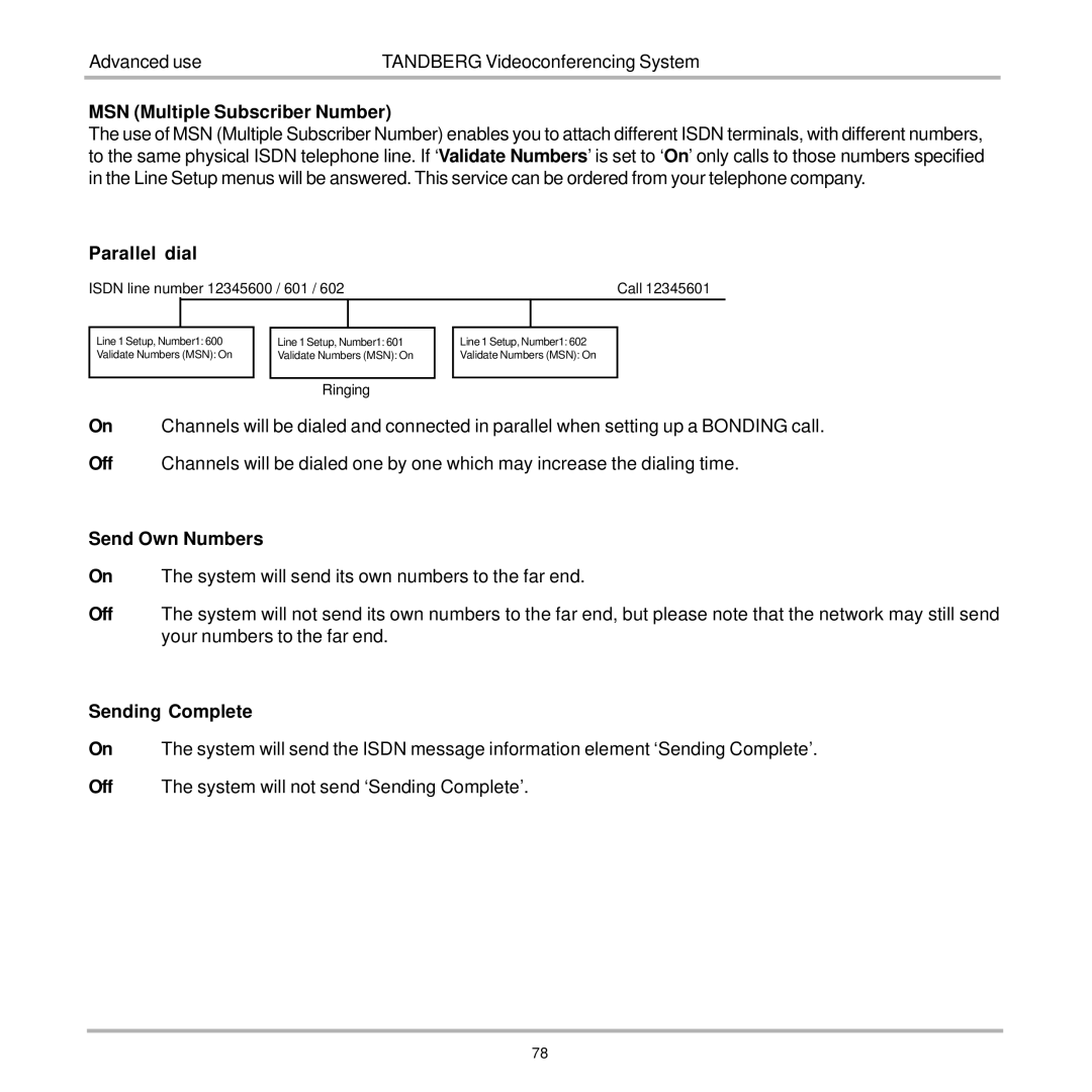 TANDBERG 7000 user manual MSN Multiple Subscriber Number, Parallel dial, Send Own Numbers, Sending Complete 