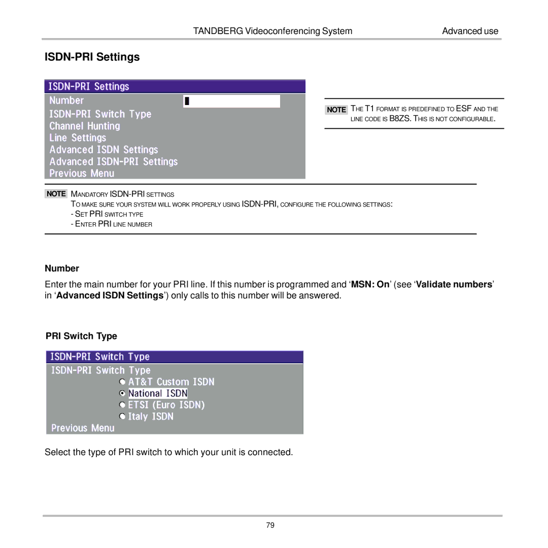 TANDBERG 7000 user manual ISDN-PRI Settings, Number, PRI Switch Type 