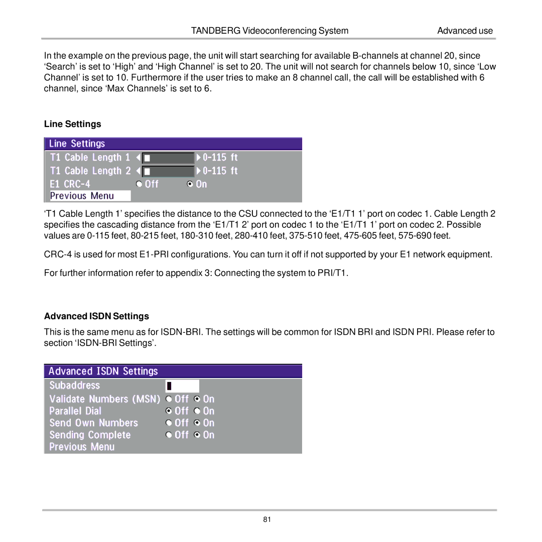 TANDBERG 7000 user manual Line Settings, Advanced Isdn Settings 