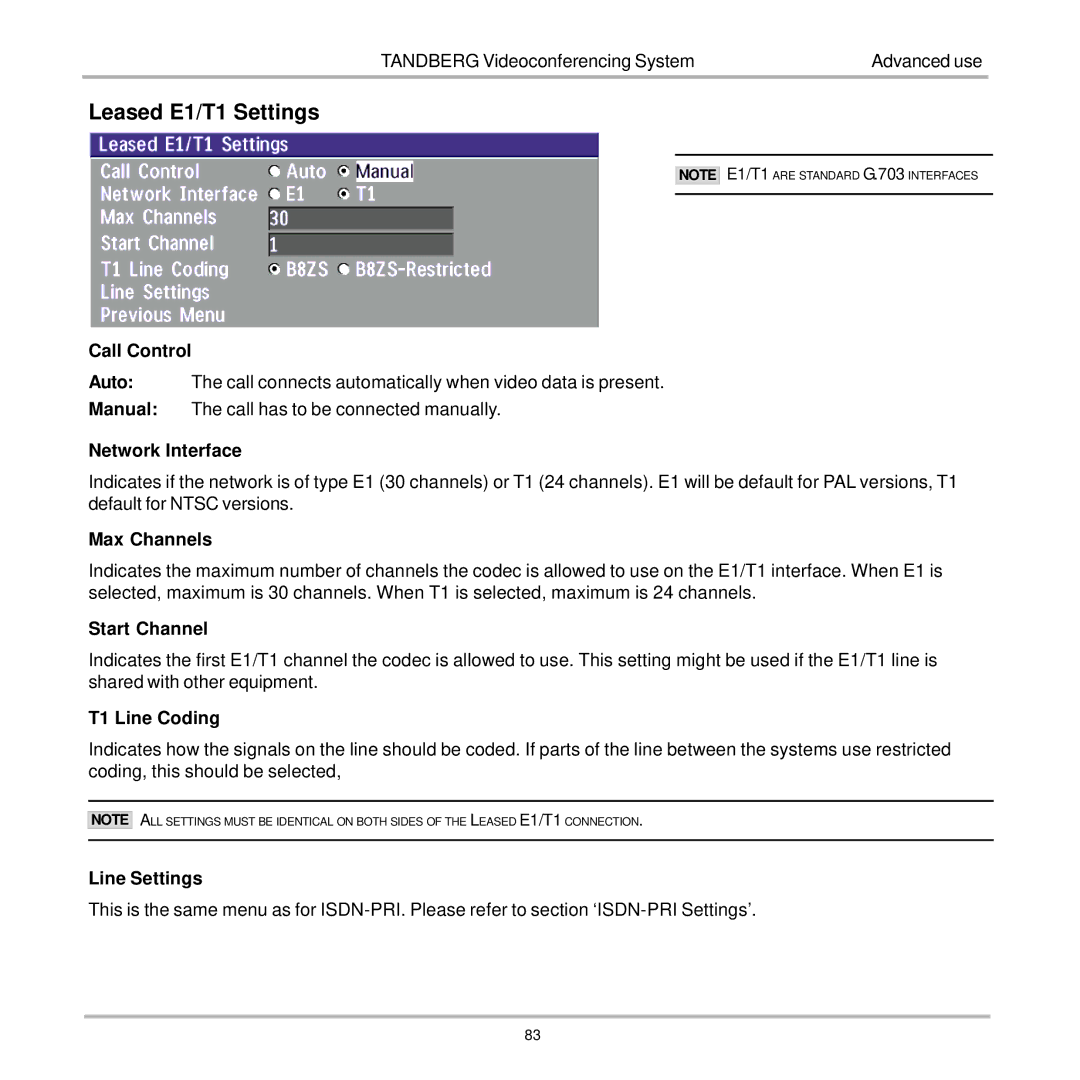 TANDBERG 7000 user manual Leased E1/T1 Settings, Call Control, Network Interface, Start Channel, T1 Line Coding 