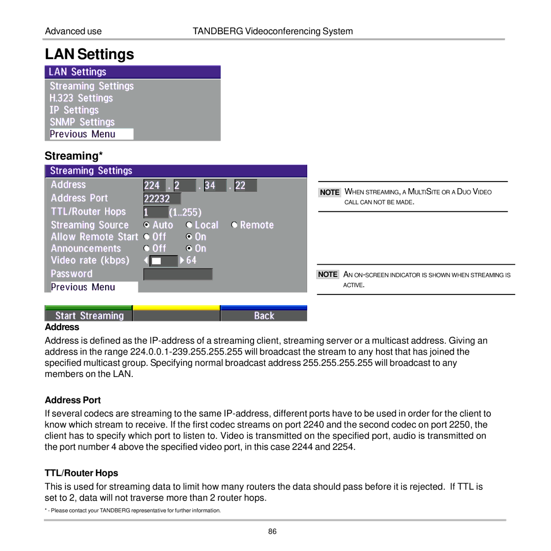 TANDBERG 7000 user manual LAN Settings, Address Port, TTL/Router Hops 