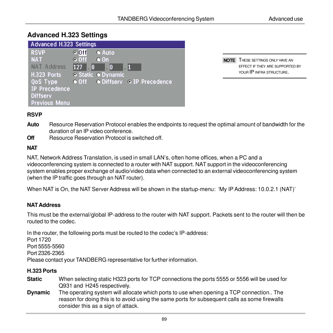 TANDBERG 7000 user manual Advanced H.323 Settings, NAT Address, Ports 