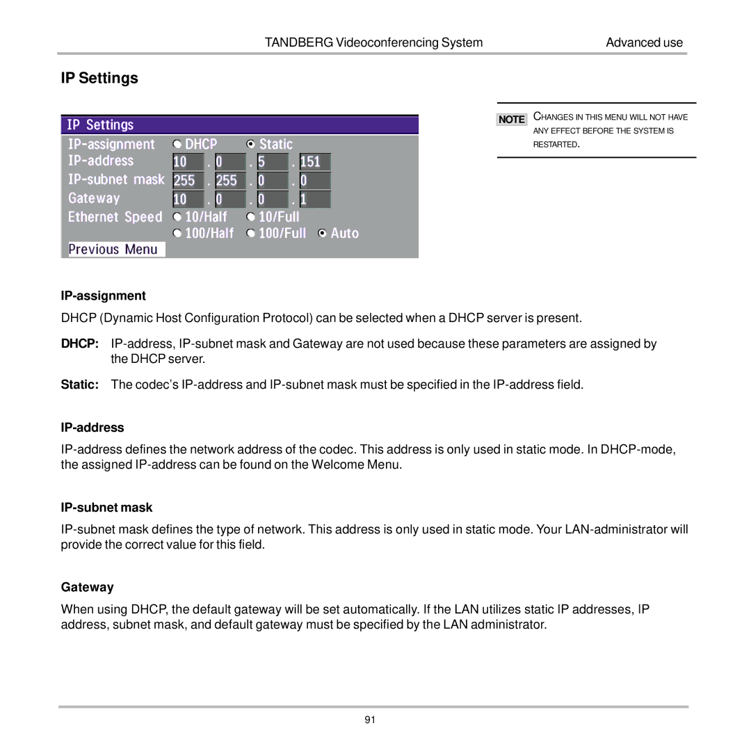 TANDBERG 7000 user manual IP Settings, IP-assignment, IP-address, IP-subnet mask, Gateway 