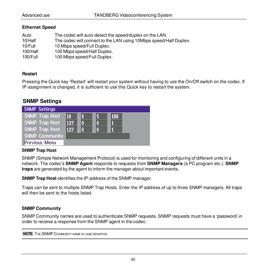 TANDBERG 7000 user manual Snmp Settings, Ethernet Speed, Restart, Snmp Trap Host, Snmp Community 