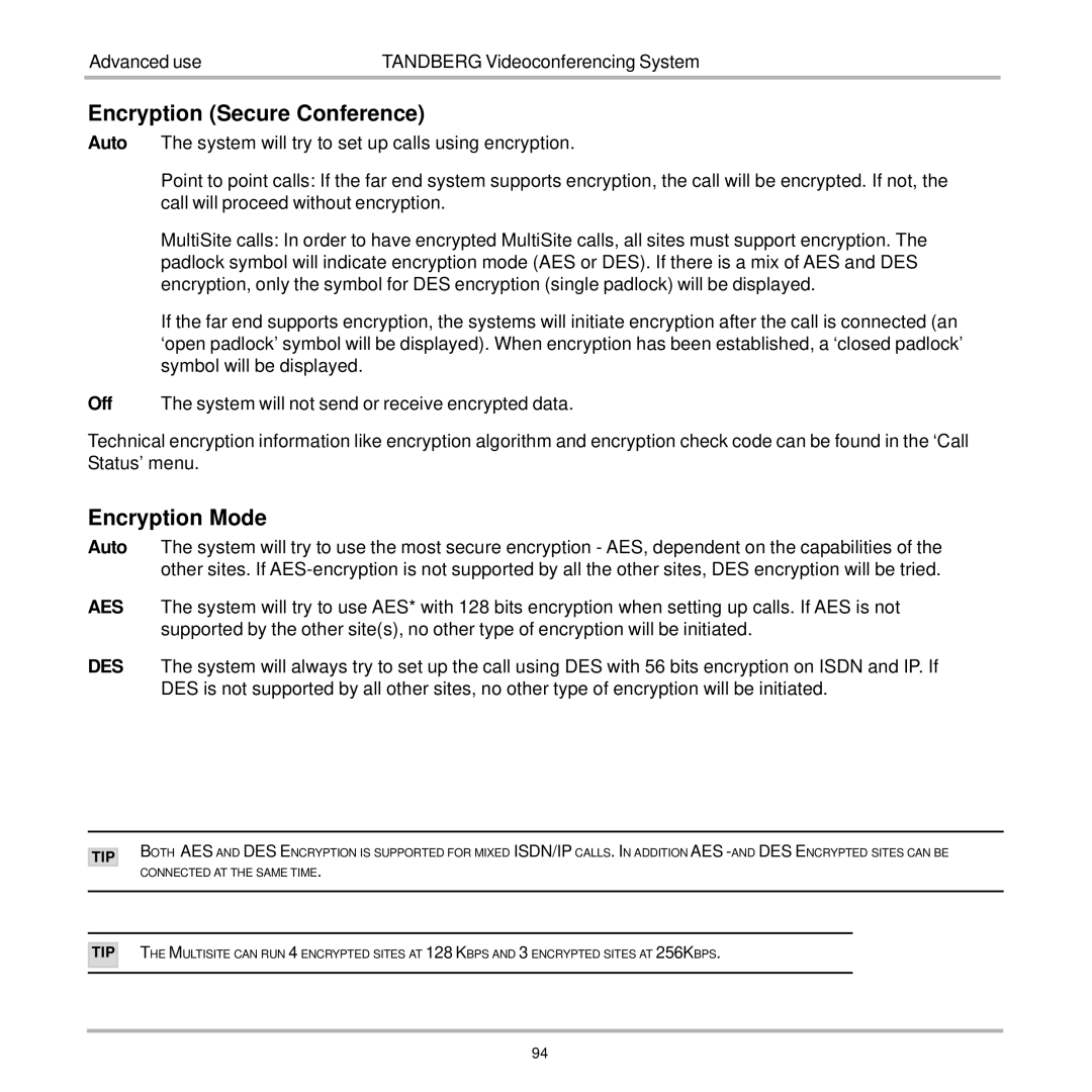 TANDBERG 7000 user manual Encryption Secure Conference, Encryption Mode 