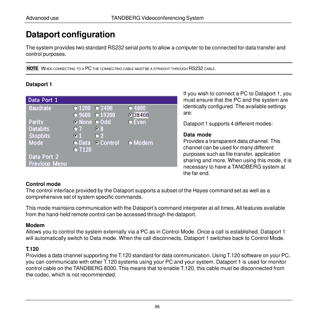 TANDBERG 7000 user manual Dataport configuration 