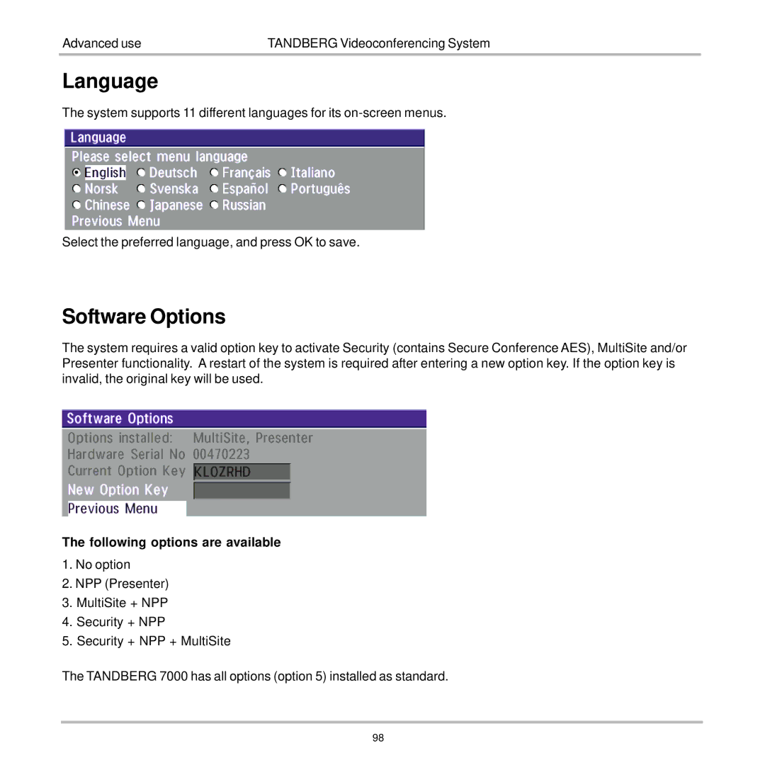 TANDBERG 7000 user manual Language, Software Options, Following options are available 