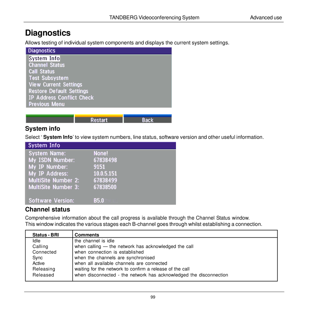 TANDBERG 7000 user manual Diagnostics, System info, Channel status 