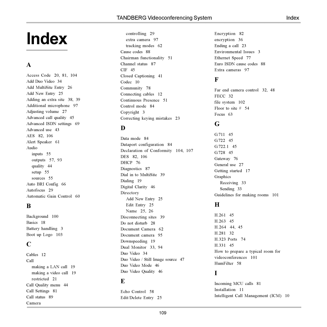 TANDBERG 880, 990, 770 user manual Index 