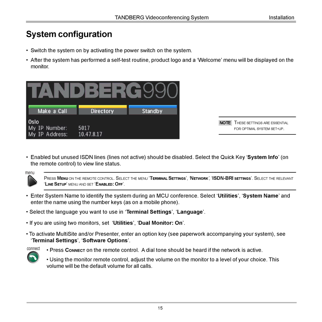 TANDBERG 990, 880, 770 user manual System configuration, Menu 