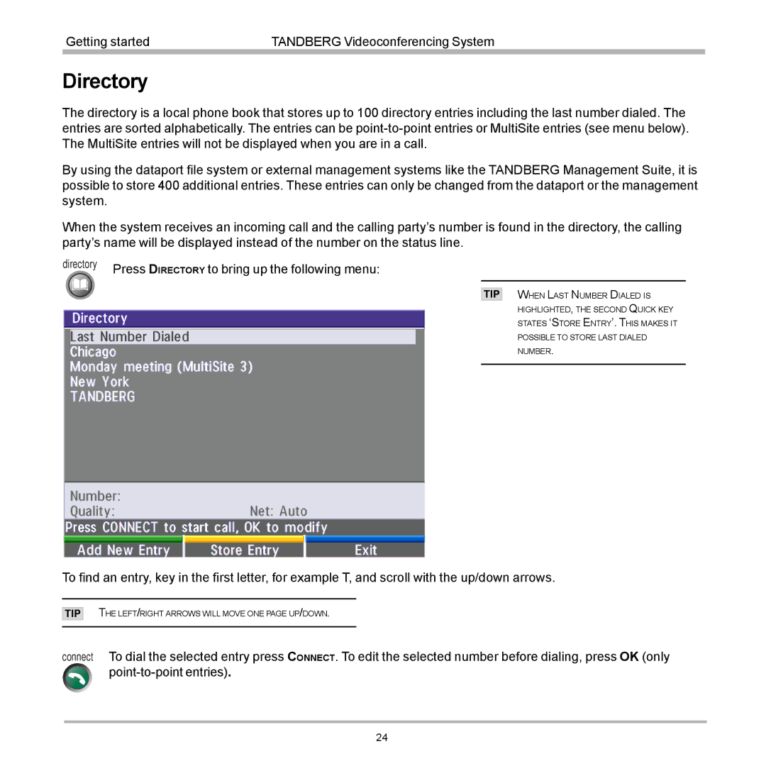 TANDBERG 990, 880, 770 user manual Directory, Press D Irectory to bring up the following menu 