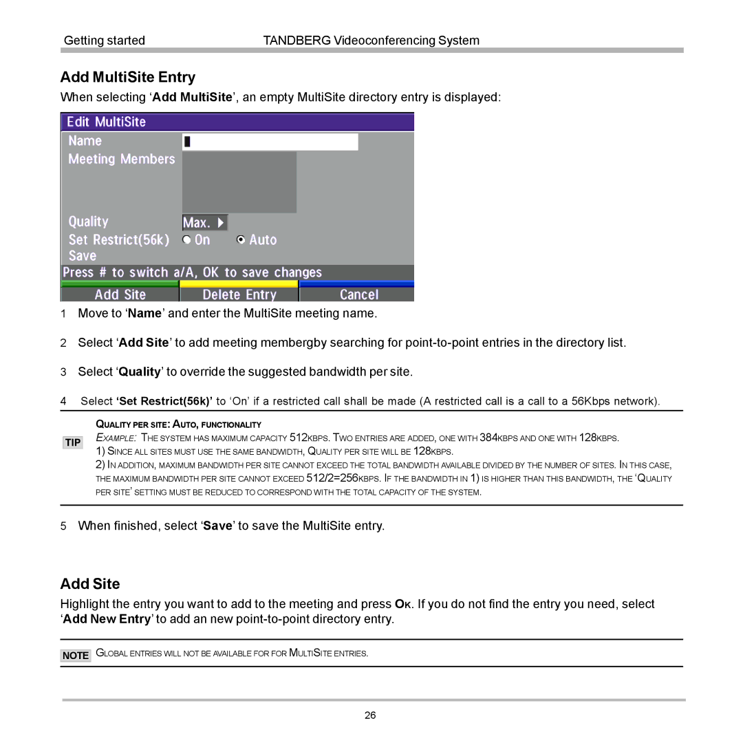 TANDBERG 770, 990, 880 user manual Add MultiSite Entry, Add Site 