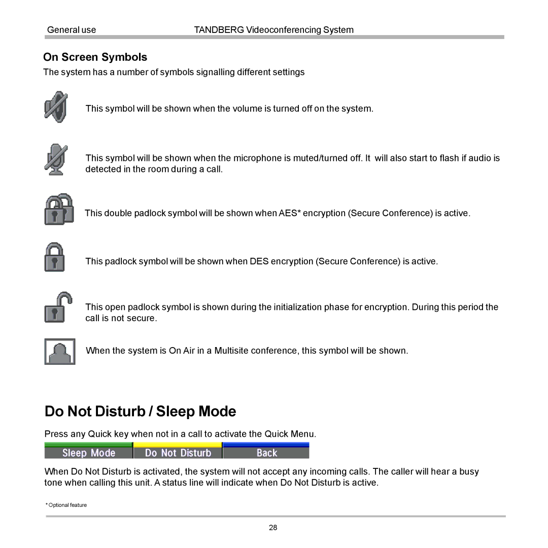 TANDBERG 880, 990, 770 user manual Do Not Disturb / Sleep Mode, On Screen Symbols 