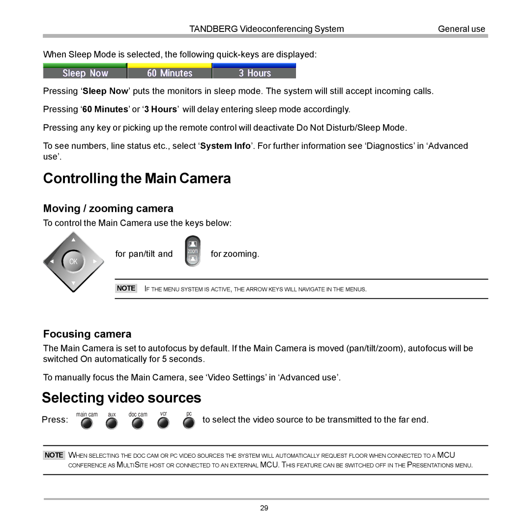 TANDBERG 770, 990, 880 Controlling the Main Camera, Selecting video sources, Moving / zooming camera, Focusing camera 