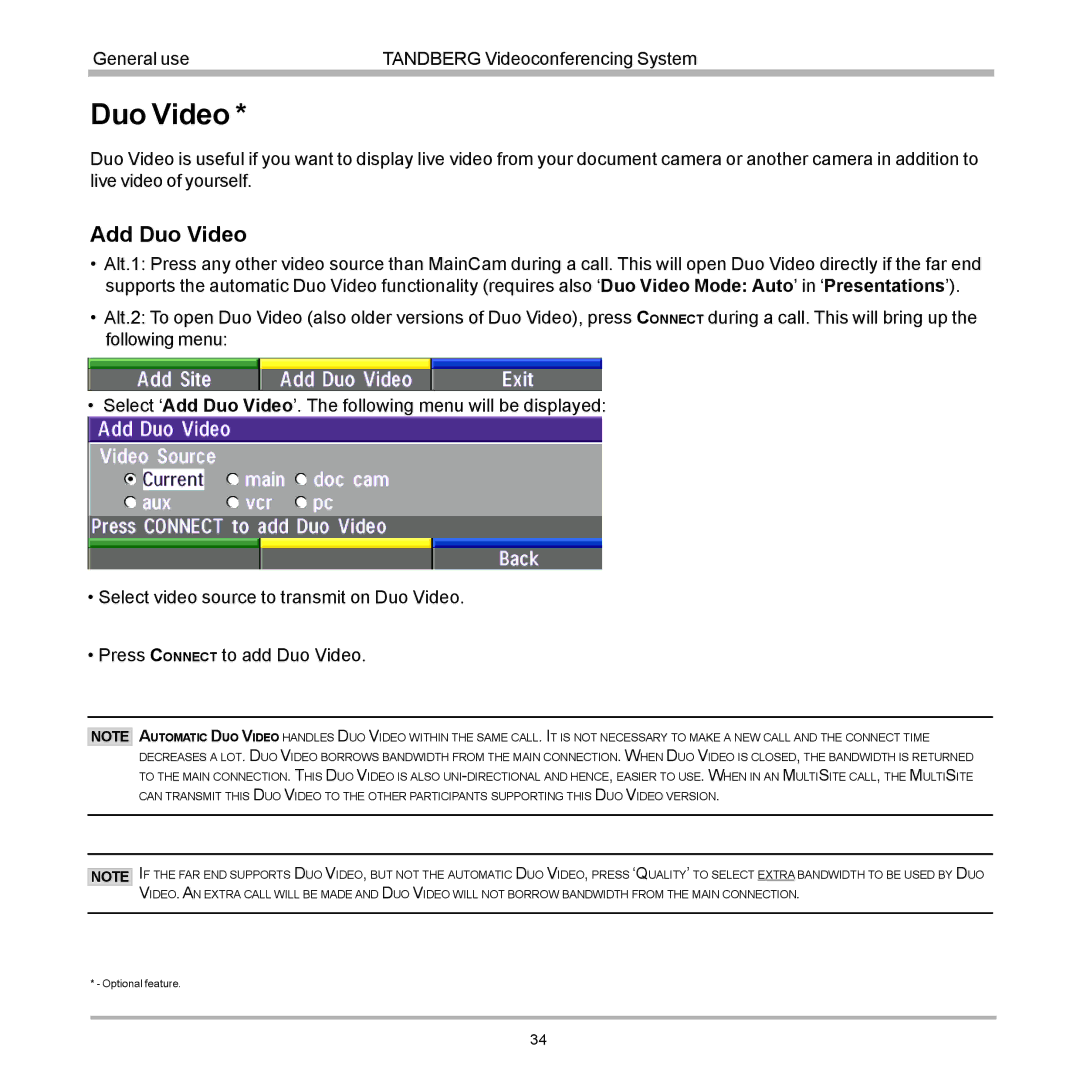 TANDBERG 880, 990, 770 user manual Add Duo Video 