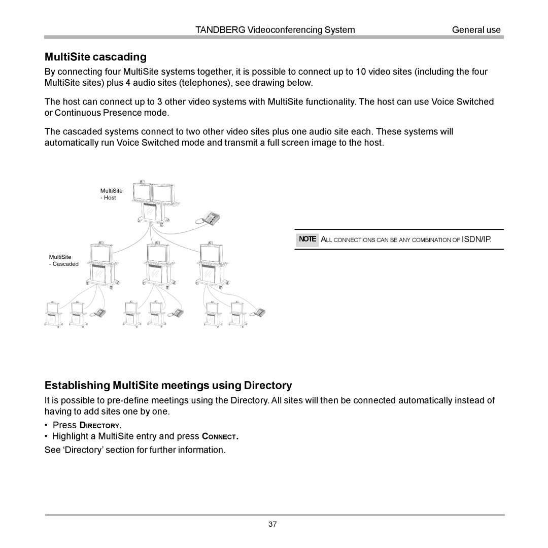 TANDBERG 880, 990, 770 user manual MultiSite cascading, Establishing MultiSite meetings using Directory 