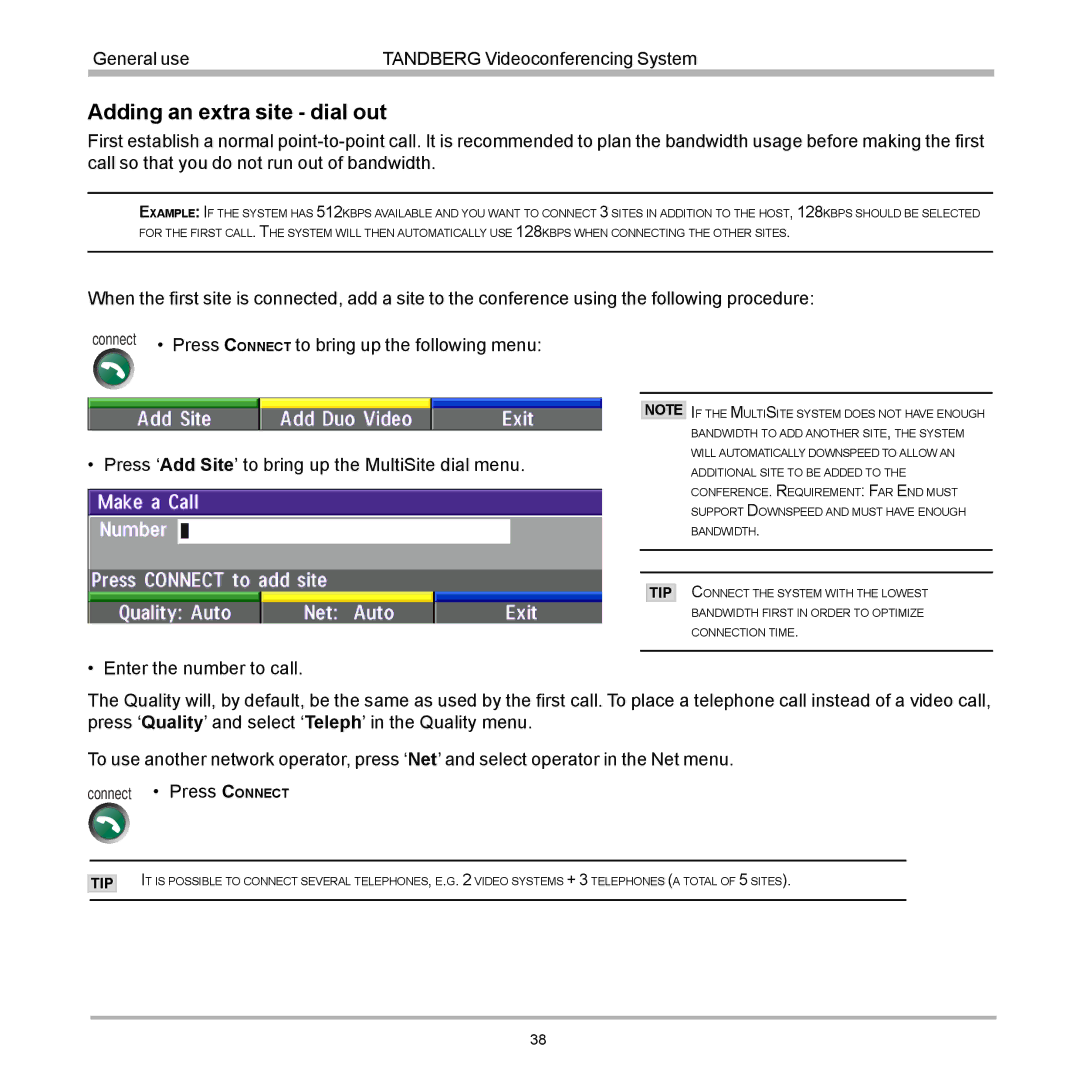 TANDBERG 770, 990, 880 user manual Adding an extra site dial out 