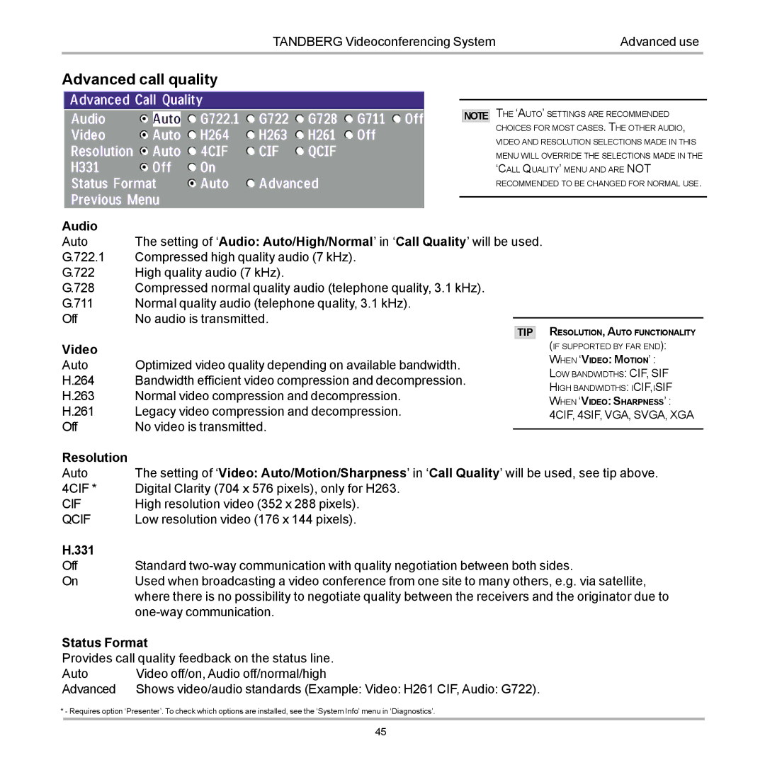 TANDBERG 990, 880, 770 user manual Advanced call quality, Qcif 