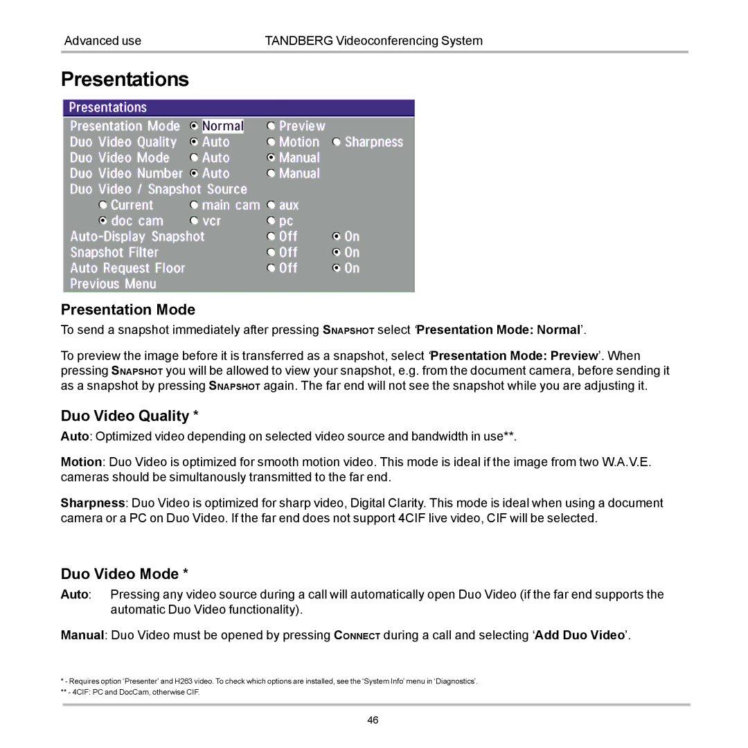 TANDBERG 880, 990, 770 user manual Presentations, Presentation Mode, Duo Video Quality, Duo Video Mode 