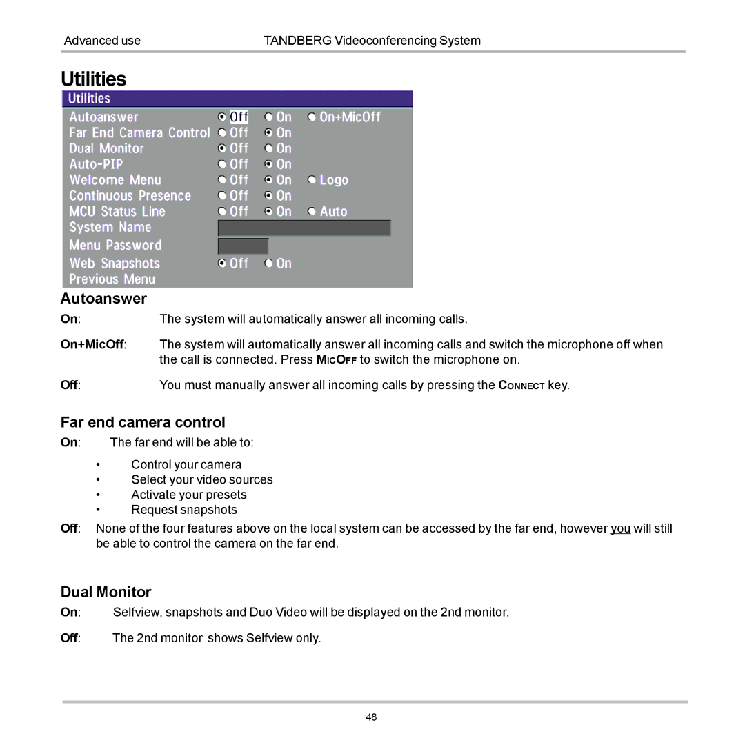 TANDBERG 990, 880, 770 user manual Utilities, Autoanswer, Far end camera control, Dual Monitor 