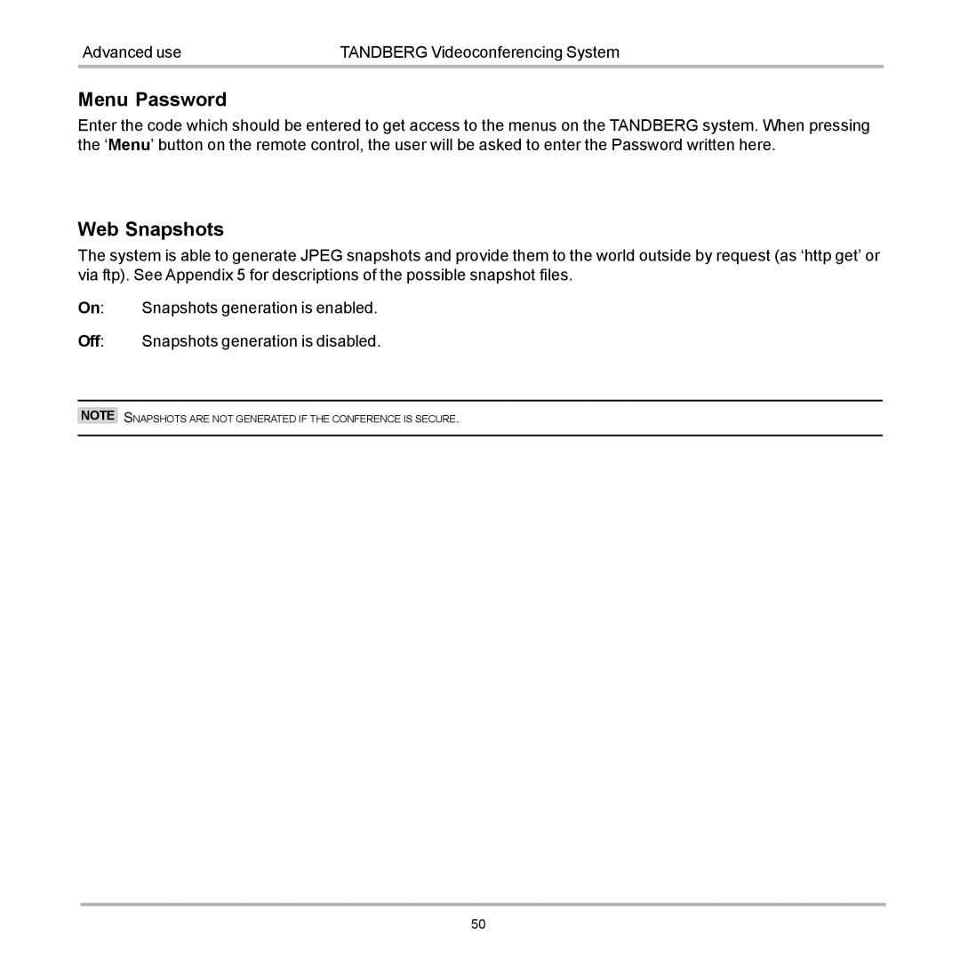 TANDBERG 770, 990, 880 user manual Menu Password, Web Snapshots 