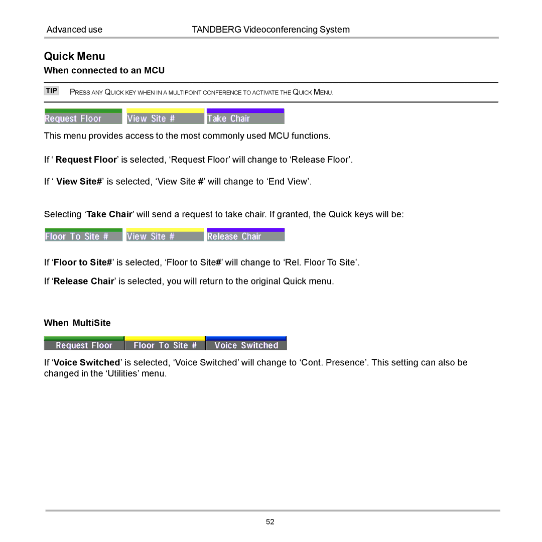 TANDBERG 880, 990, 770 user manual Quick Menu 