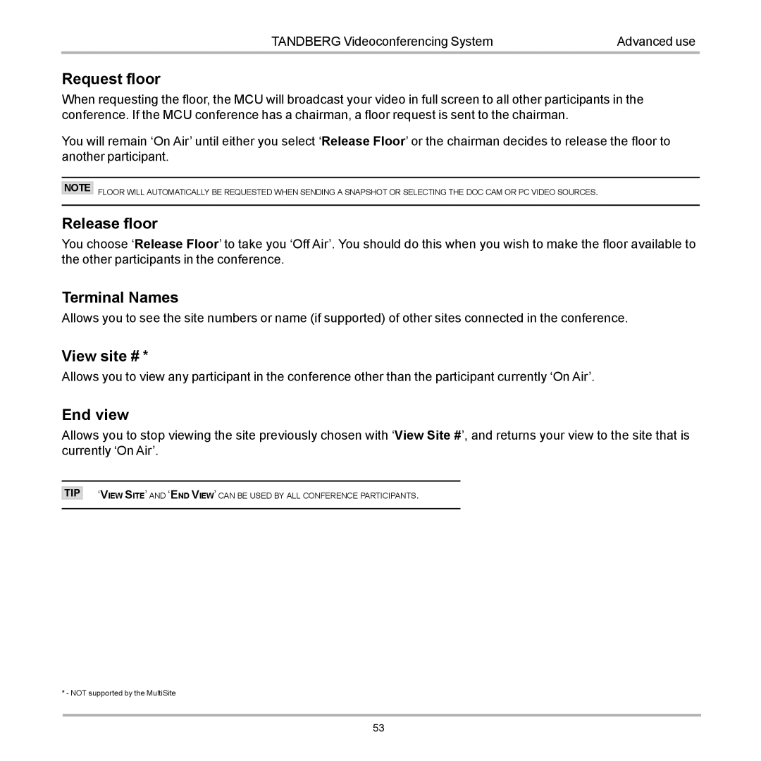 TANDBERG 770, 990, 880 user manual Request floor, Release floor, Terminal Names, View site #, End view 