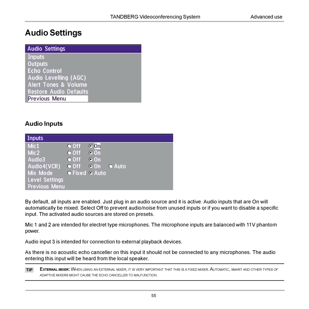 TANDBERG 880, 990, 770 user manual Audio Settings, Audio Inputs 