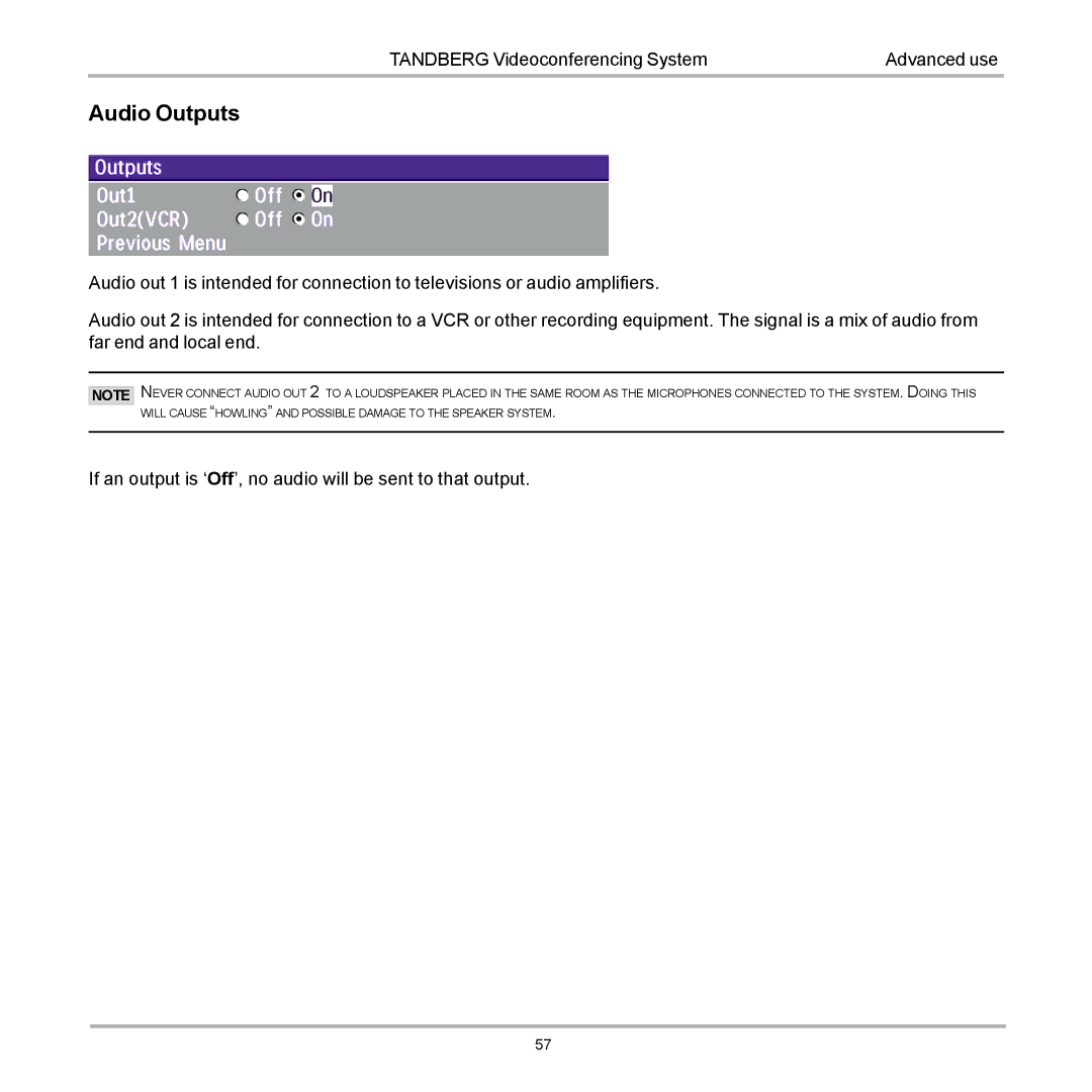 TANDBERG 990, 880, 770 user manual Audio Outputs 