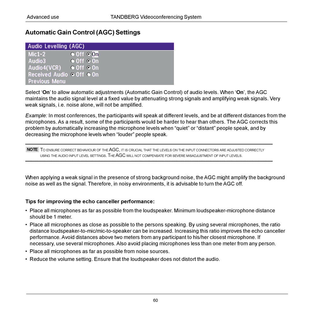 TANDBERG 990, 880, 770 user manual Automatic Gain Control AGC Settings 