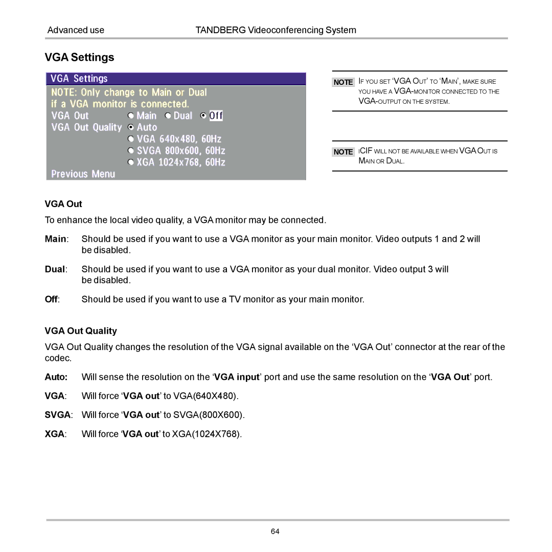 TANDBERG 880, 990, 770 user manual VGA Settings 