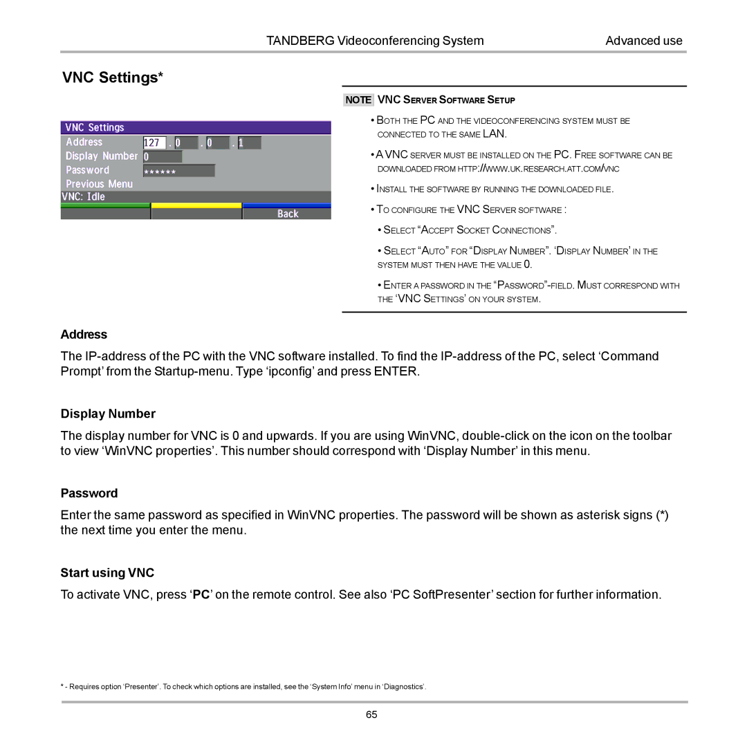 TANDBERG 770, 990, 880 user manual VNC Settings 