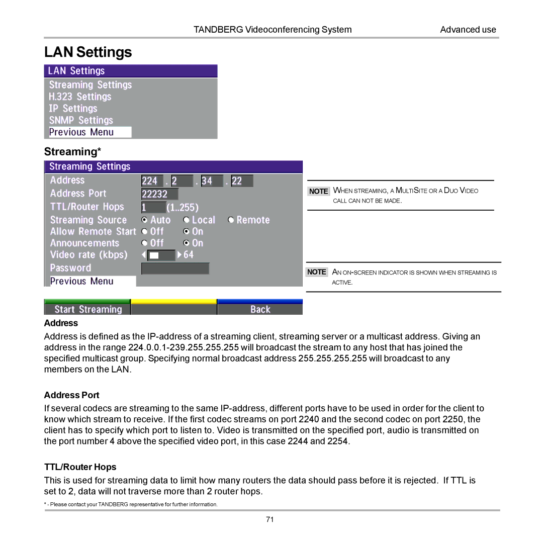 TANDBERG 770, 990, 880 user manual LAN Settings, Streaming 