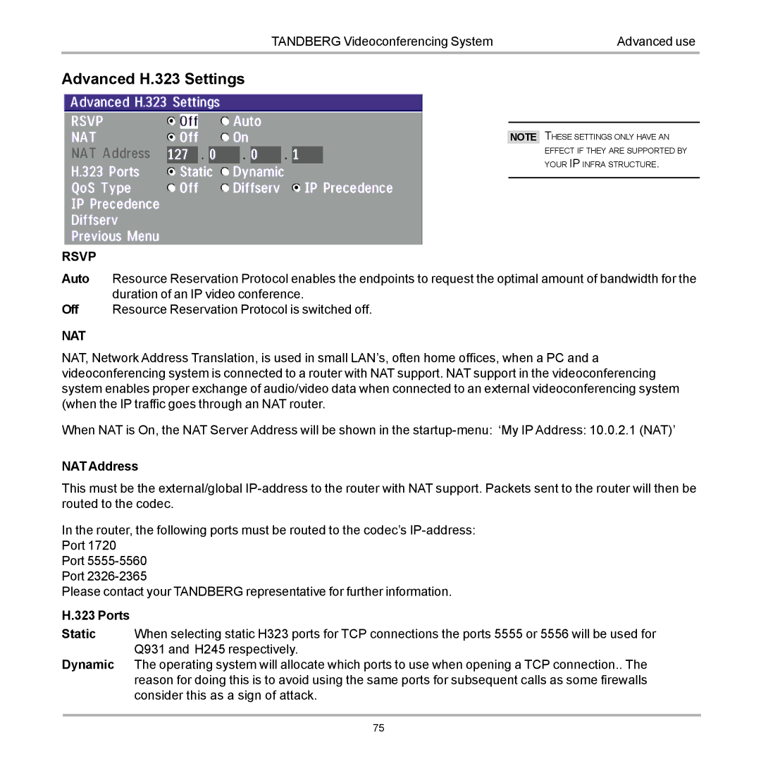 TANDBERG 990, 880, 770 user manual Advanced H.323 Settings, Rsvp 