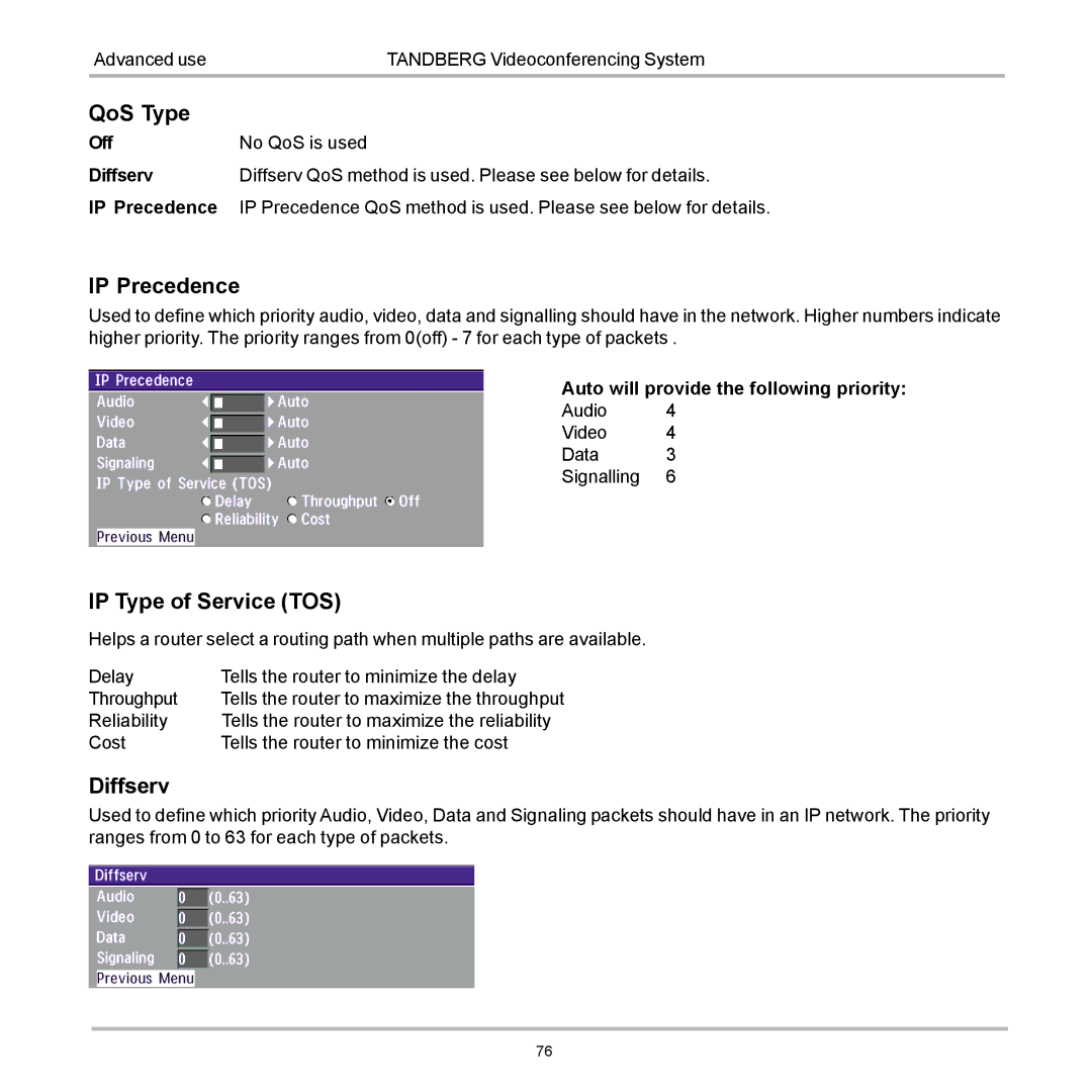 TANDBERG 880, 990, 770 user manual QoS Type, IP Precedence, IP Type of Service TOS, Diffserv 