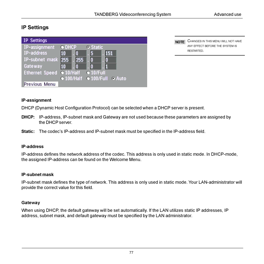 TANDBERG 770, 990, 880 user manual IP Settings 