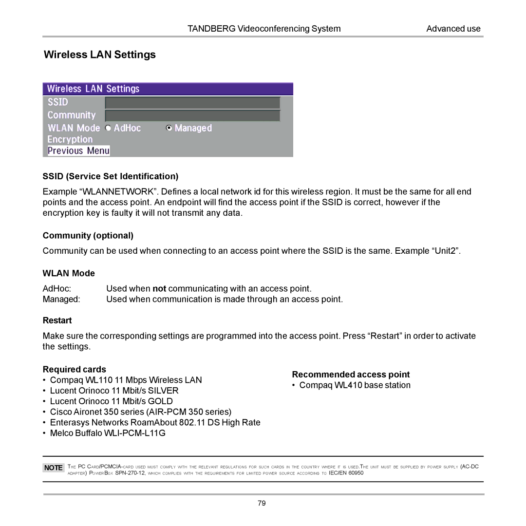 TANDBERG 880, 990, 770 user manual Wireless LAN Settings 