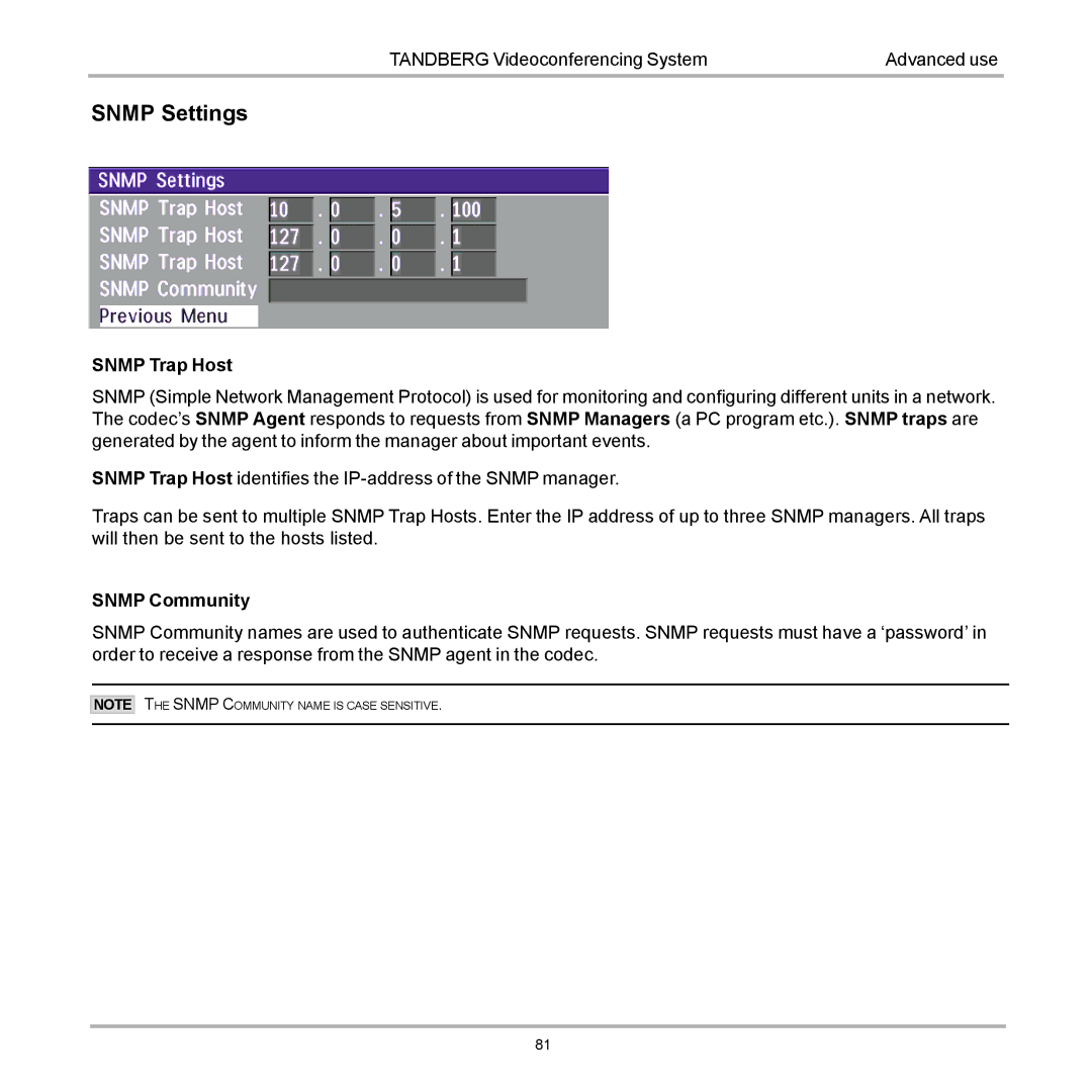 TANDBERG 990, 880, 770 user manual Snmp Settings 