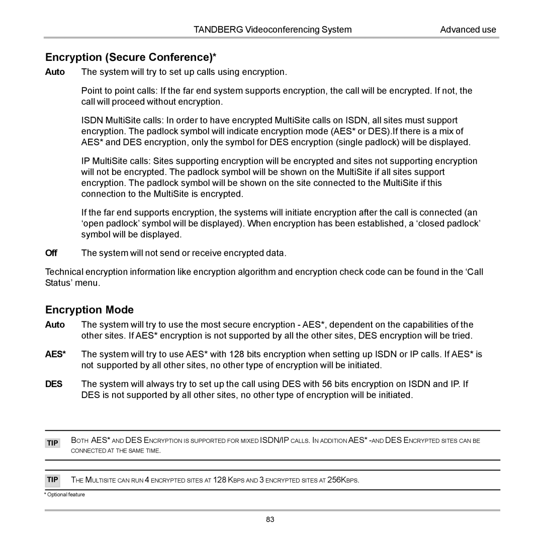 TANDBERG 770, 990, 880 user manual Encryption Secure Conference, Encryption Mode 