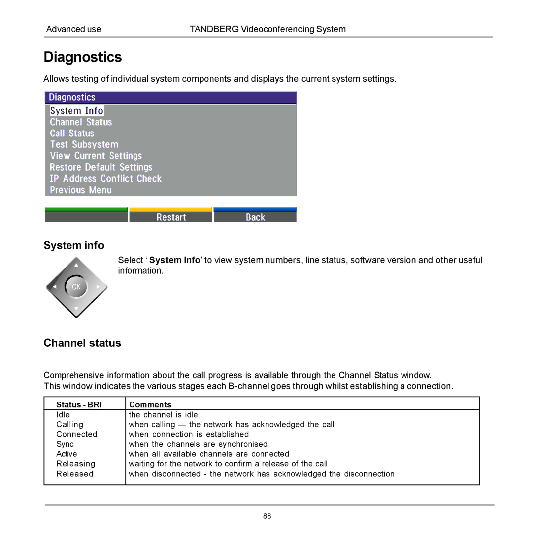 TANDBERG 880, 990, 770 user manual Diagnostics, System info, Channel status 