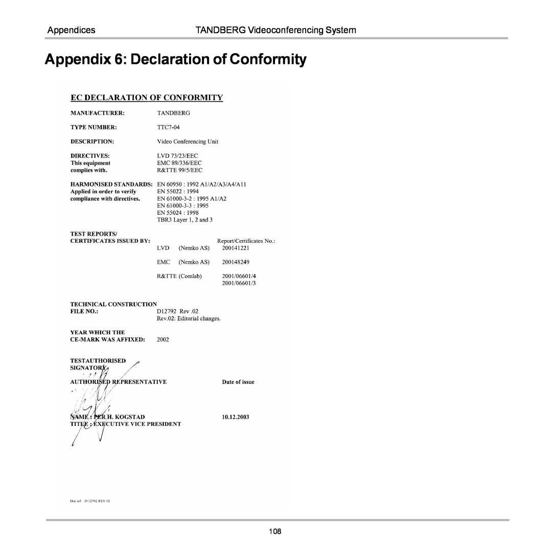 TANDBERG 990, 880, 770 user manual Appendix 6 Declaration of Conformity, Appendices, TANDBERG Videoconferencing System 