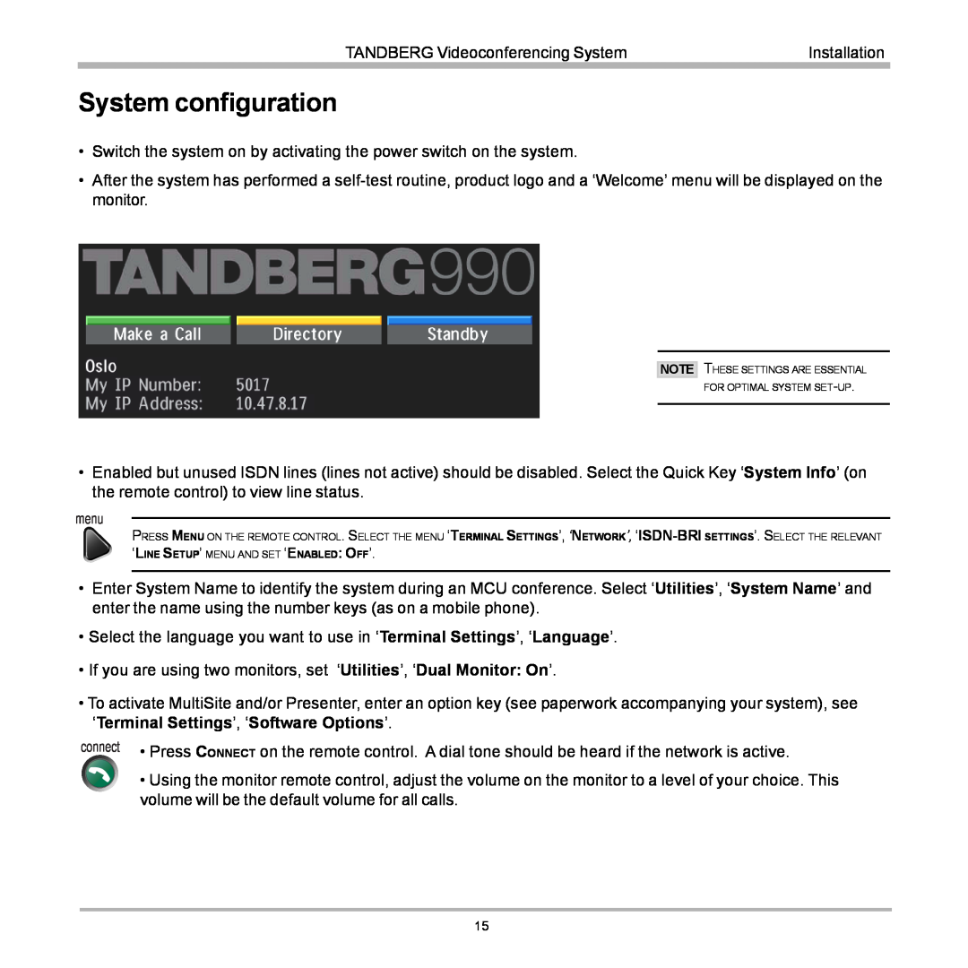 TANDBERG 990, 880, 770 user manual System configuration, menu 
