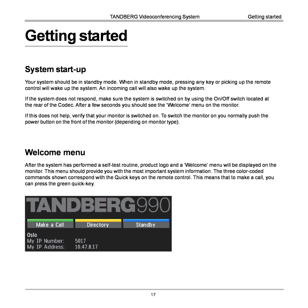 TANDBERG 770, 990, 880 user manual Getting started, System start-up, Welcome menu 