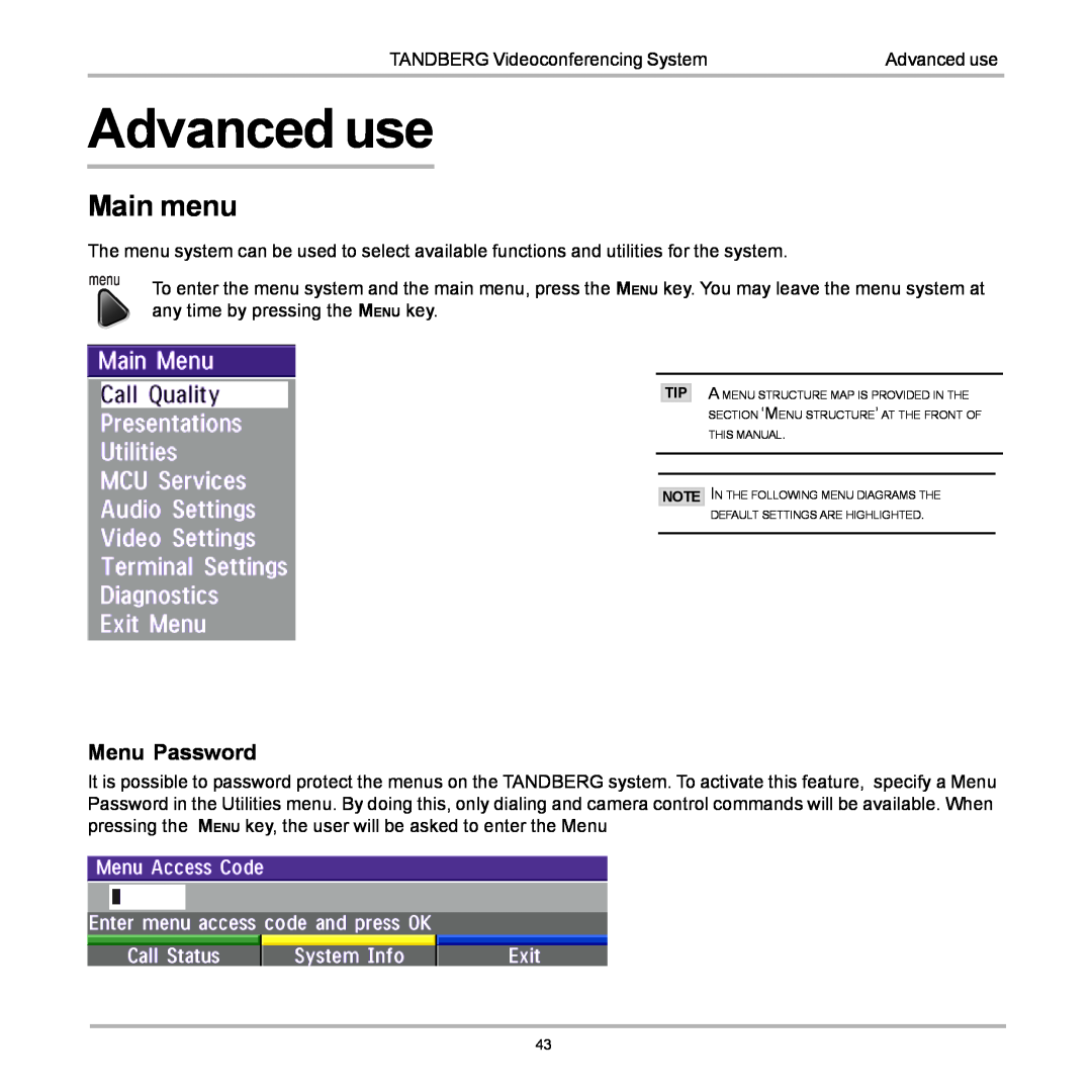 TANDBERG 880, 990, 770 user manual Advanced use, Main menu, Menu Password 