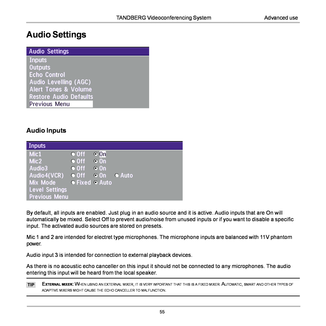 TANDBERG 880, 990, 770 user manual Audio Settings, Audio Inputs 