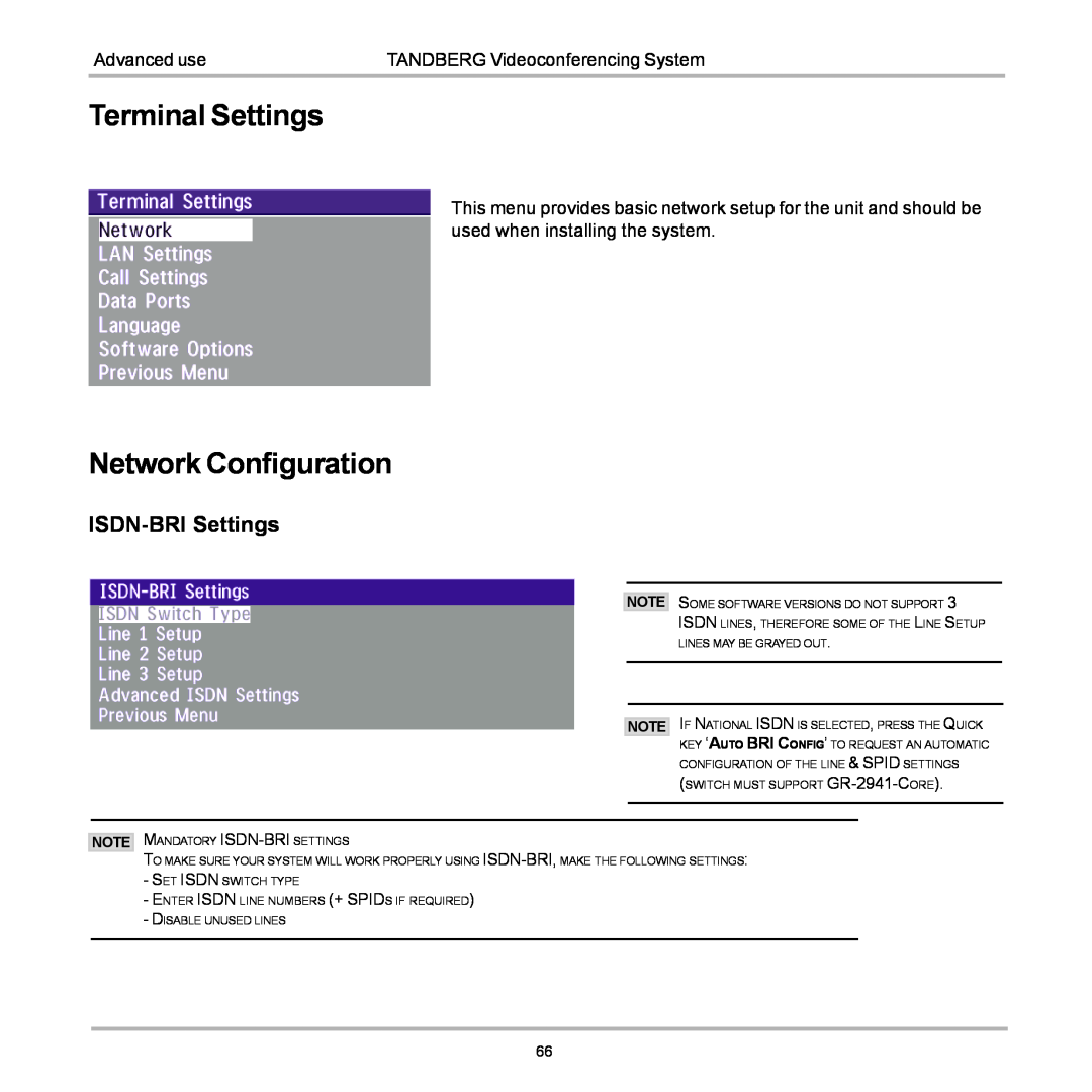 TANDBERG 990, 880, 770 user manual Terminal Settings, Network Configuration, ISDN-BRI Settings 